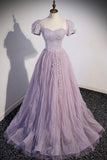 Purple Tulle Sequins Floor Length Prom Dress, A-Line Evening Party Dress HZ0429