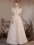 Elegant High Neck Long A Line Princess Dresses, Beautiful Beading Pearl Sequins Light Pink Prom Dresses HZ0429