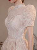 Elegant High Neck Long A Line Princess Dresses, Beautiful Beading Pearl Sequins Light Pink Prom Dresses HZ0429