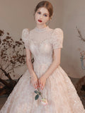 Elegant High Neck Long A Line Princess Dresses, Beautiful Beading Pearl Sequins Light Pink Prom Dresses HZ0429