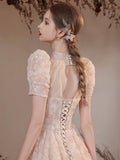 Elegant High Neck Long A Line Princess Dresses, Beautiful Beading Pearl Sequins Light Pink Prom Dresses HZ0429