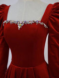 A-Line Long Sleeve Velvet Floor Length Prom Dress, Burgundy Formal Evening Dress HZ0429