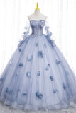 Blue Tulle Long Sleeve Prom Dress, A-Line Off the Shoulder Evening Gown HZ0429