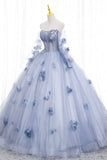 Blue Tulle Long Sleeve Prom Dress, A-Line Off the Shoulder Evening Gown HZ0429