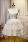 Champagne Lace Short Party Dress, A-Line Spaghetti Strap Evening Dress HZ0429