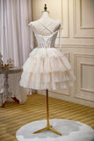 Champagne Lace Short Party Dress, A-Line Spaghetti Strap Evening Dress HZ0429