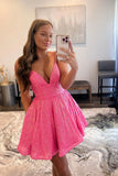 Pink V-Neck Sequins Short Prom Dresses, A-Line Party Dresses HZ0429