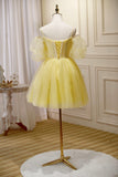 Yellow Lace Short Prom Dress, Off the Shoulder Homecoming Dress HZ0429