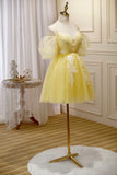 Yellow Lace Short Prom Dress, Off the Shoulder Homecoming Dress HZ0429