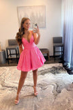 Pink V-Neck Sequins Short Prom Dresses, A-Line Party Dresses HZ0429