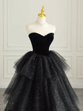 Black Strapless Tulle Formal Dress with Velvet, A-Line Sweetheart Neck Long Prom Dress HZ0429