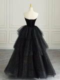 Black Strapless Tulle Formal Dress with Velvet, A-Line Sweetheart Neck Long Prom Dress HZ0429