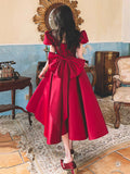 Burgundy Satin Party Dress with Bow, Cute A-Line Short Sleeve Homecoming Dress HZ0429
