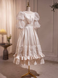 Beautiful Scoop Neck Tea Length Prom Dress, A-Line Puffy Short Sleeve Backless Party Dress HZ0429