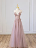 Pink V-Neck Tulle Long Prom Dress with Beaded, Pink Spaghetti Strap Evening Dress HZ0429