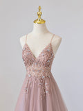 Pink V-Neck Tulle Long Prom Dress with Beaded, Pink Spaghetti Strap Evening Dress HZ0429