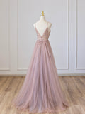 Pink V-Neck Tulle Long Prom Dress with Beaded, Pink Spaghetti Strap Evening Dress HZ0429
