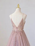 Pink V-Neck Tulle Long Prom Dress with Beaded, Pink Spaghetti Strap Evening Dress HZ0429