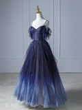 Blue Gradient Tulle Long Prom Dress, Beautiful Spaghetti Strap Evening Party Dress HZ0429