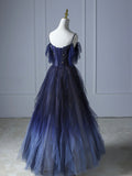 Blue Gradient Tulle Long Prom Dress, Beautiful Spaghetti Strap Evening Party Dress HZ0429