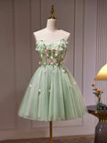 Green Tulle Beaded Party Dress, Green Short Prom Dress with Flowers HZ0429