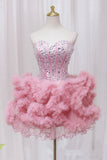 Pink Sweetheart Neckline Tulle Short Prom Dress with Rhinestones, Cute Party Dress HZ0429