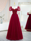 Burgundy Tulle Beaded Long Prom Dress, A-Line Short Sleeve Evening Dress HZ0429