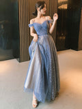 Blue Spaghetti Straps Tulle Long Prom Dress, Cute A-Line Evening Dress HZ0429