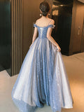 Blue Spaghetti Straps Tulle Long Prom Dress, Cute A-Line Evening Dress HZ0429