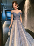 Blue Spaghetti Straps Tulle Long Prom Dress, Cute A-Line Evening Dress HZ0429