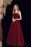 Burgundy Tulle Long A-Line Prom Dress, A-Line Formal Evening Dress HZ0429