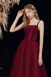 Burgundy Tulle Long A-Line Prom Dress, A-Line Formal Evening Dress HZ0429
