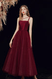 Burgundy Tulle Long A-Line Prom Dress, A-Line Formal Evening Dress HZ0429