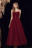 Burgundy Tulle Long A-Line Prom Dress, A-Line Formal Evening Dress HZ0429
