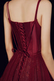 Burgundy Tulle Long A-Line Prom Dress, A-Line Formal Evening Dress HZ0429