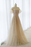 A-Line Tulle Beaded Long Prom Dress, Champagne Short Sleeve Evening Dress HZ0429