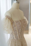 A-Line Tulle Beaded Long Prom Dress, Champagne Short Sleeve Evening Dress HZ0429
