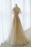 A-Line Tulle Beaded Long Prom Dress, Champagne Short Sleeve Evening Dress HZ0429