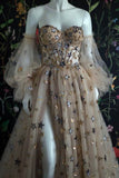 Champagne Tulle Long Prom Dress, Off the Shoulder Evening Dress with Stars HZ0429