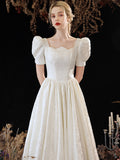 Cute Satin Long Prom Dress, A-Line Short Sleeve Evening Party Dress HZ0429