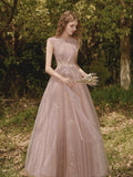 Pink Tulle Lace Long Prom Dress, Beautiful A-Line Evening Party Dress HZ0429