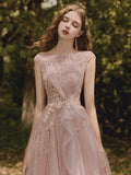 Pink Tulle Lace Long Prom Dress, Beautiful A-Line Evening Party Dress HZ0429