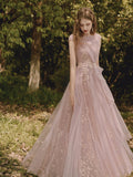 Pink Tulle Lace Long Prom Dress, Beautiful A-Line Evening Party Dress HZ0429