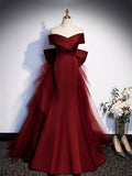 Burgundy V-Neck Satin Long Prom Dress, Mermaid Off Shoulder Evening Dress with Bow HZ0429
