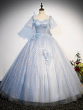 Blue Tulle Lace Long Prom Dress, Shiny A-Line Short Sleeve Evening Dress HZ0429