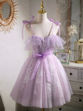 Lovely Spaghetti Strap Tulle Lace Short Prom Dress, Lavender A-Line Party Dress HZ0429