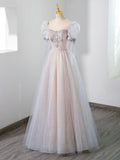 Cute Tulle Beaded Long Prom Dress, A-Line Short Sleeve Evening Dress HZ0429