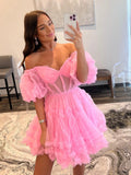 Cute A Line Sweetheart Pink Tulle Short Homecoming Dresses HZ0429