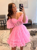 Cute A Line Sweetheart Pink Tulle Short Homecoming Dresses HZ0429