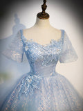 Blue Tulle Lace Long Prom Dress, Shiny A-Line Short Sleeve Evening Dress HZ0429